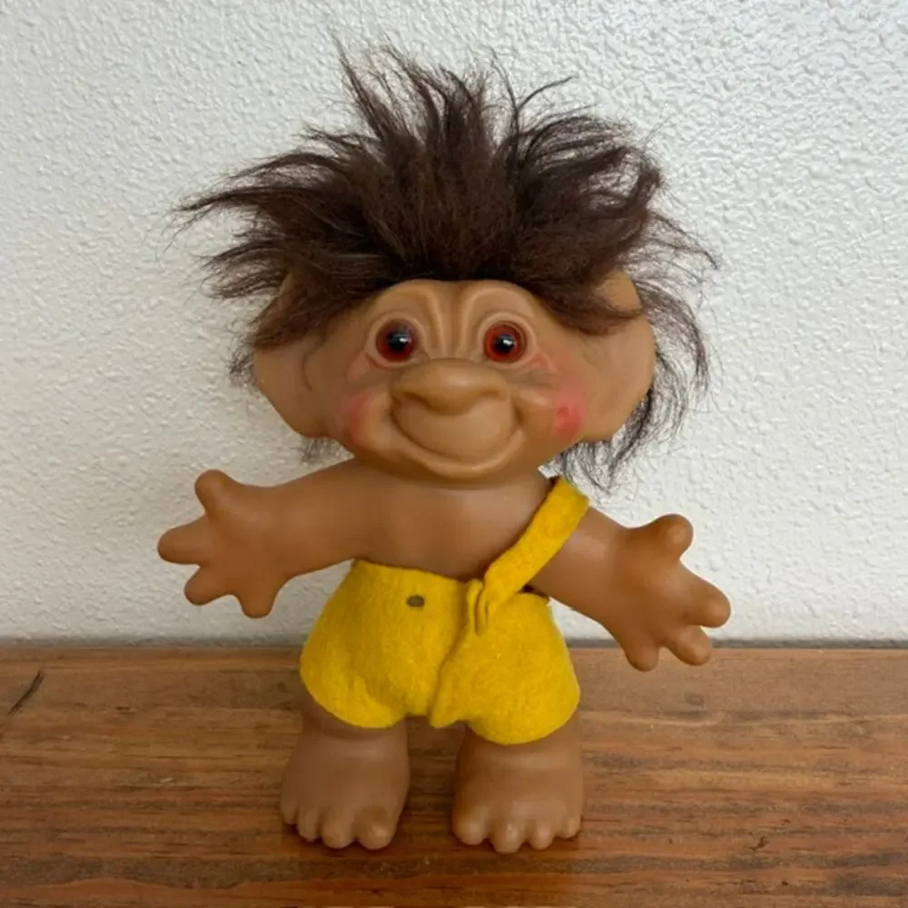 Vintage Thomas Dam Troll Doll Yellow Felt Pants Brown Hair - 6